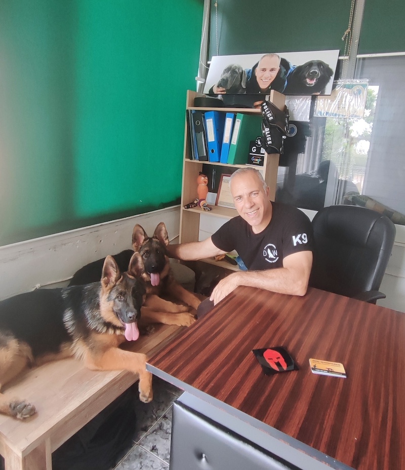 Professional dog trainer George Vlachakos with German Shepherd dogs in his office at DogWhisperer.gr